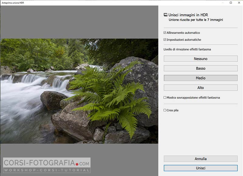 unione di foto hdr pannello lightroom