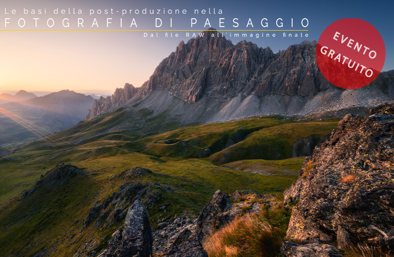Locandina con bollone webinar le basi della post-produzione nella fotografia di paesaggio