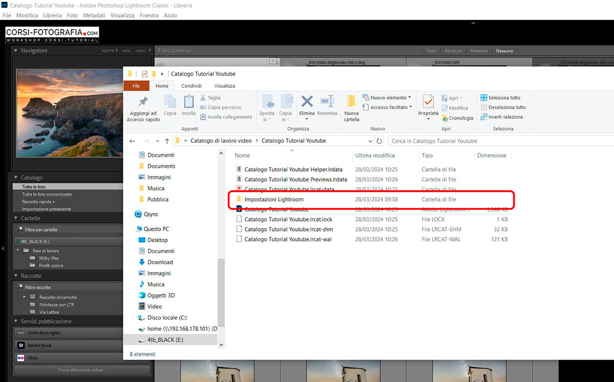 Cartella catalogo di lightroom con preferenze