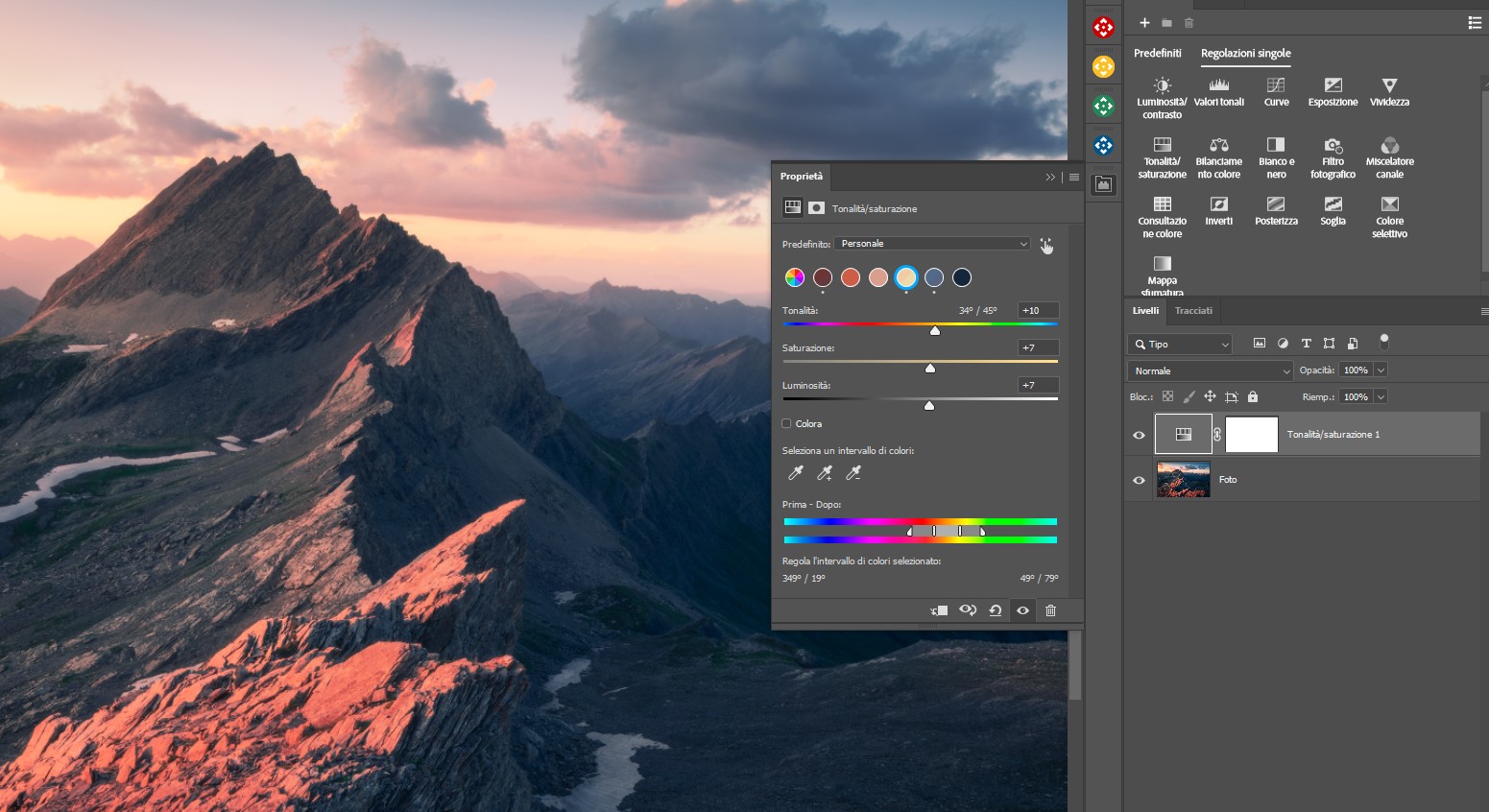 Tonalità e saturazione Photoshop pannello 1