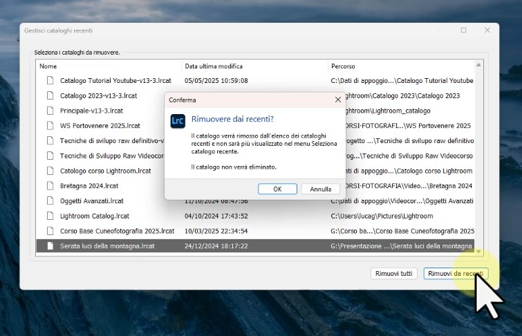 Elenco dei cataloghi recenti in Adobe Lightroom Classic