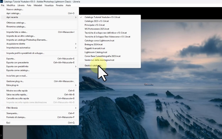Gestione dei cataloghi recenti in Lightroom