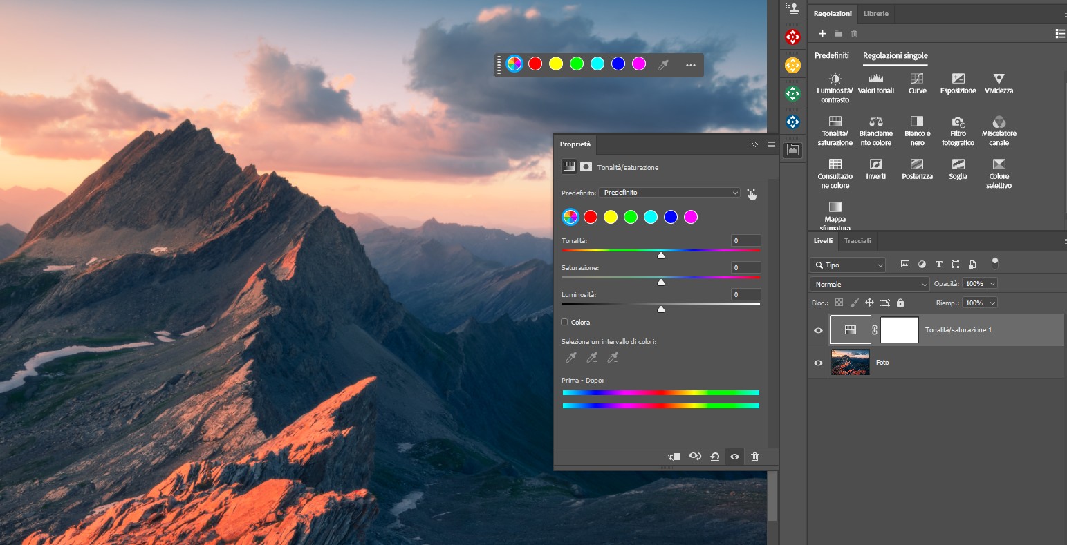 tonalità e saturazione pannello classico Photoshop