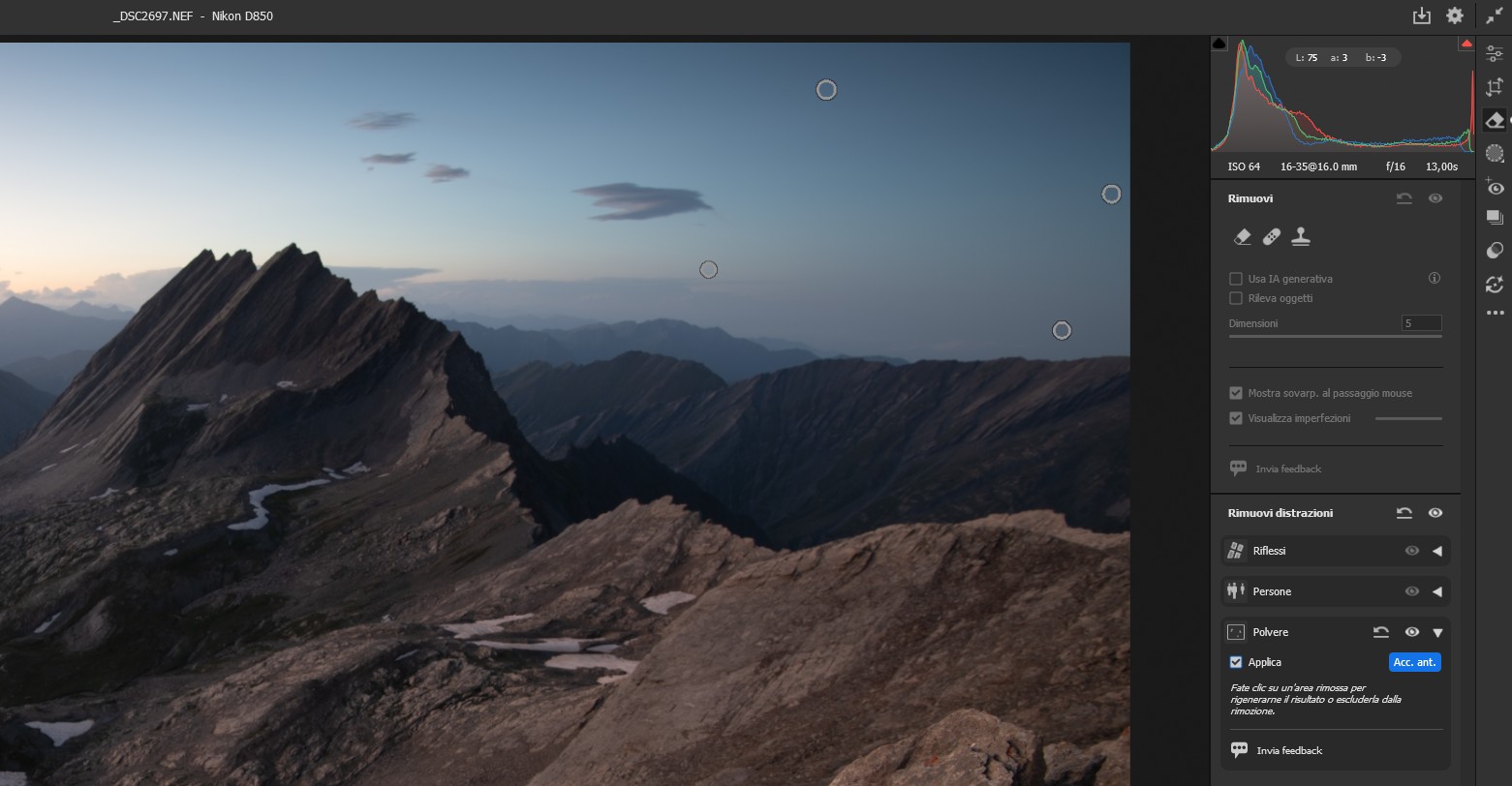 rimuovi polvere di camera raw 17.5