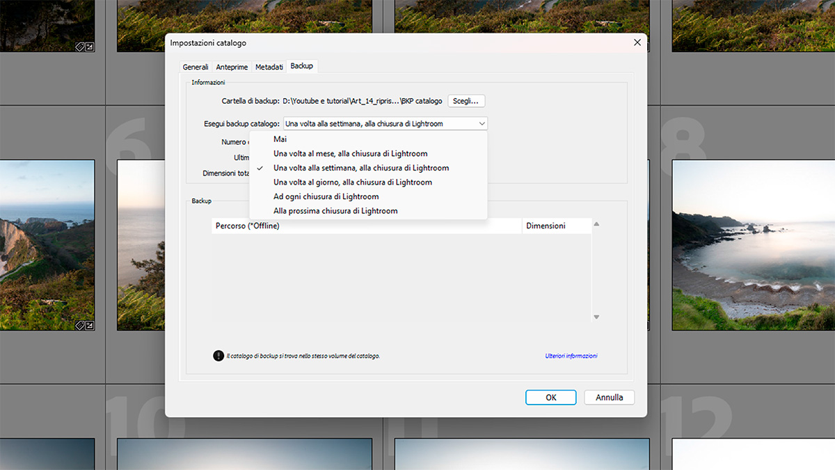 creare il backup del catalogo di Lightroom