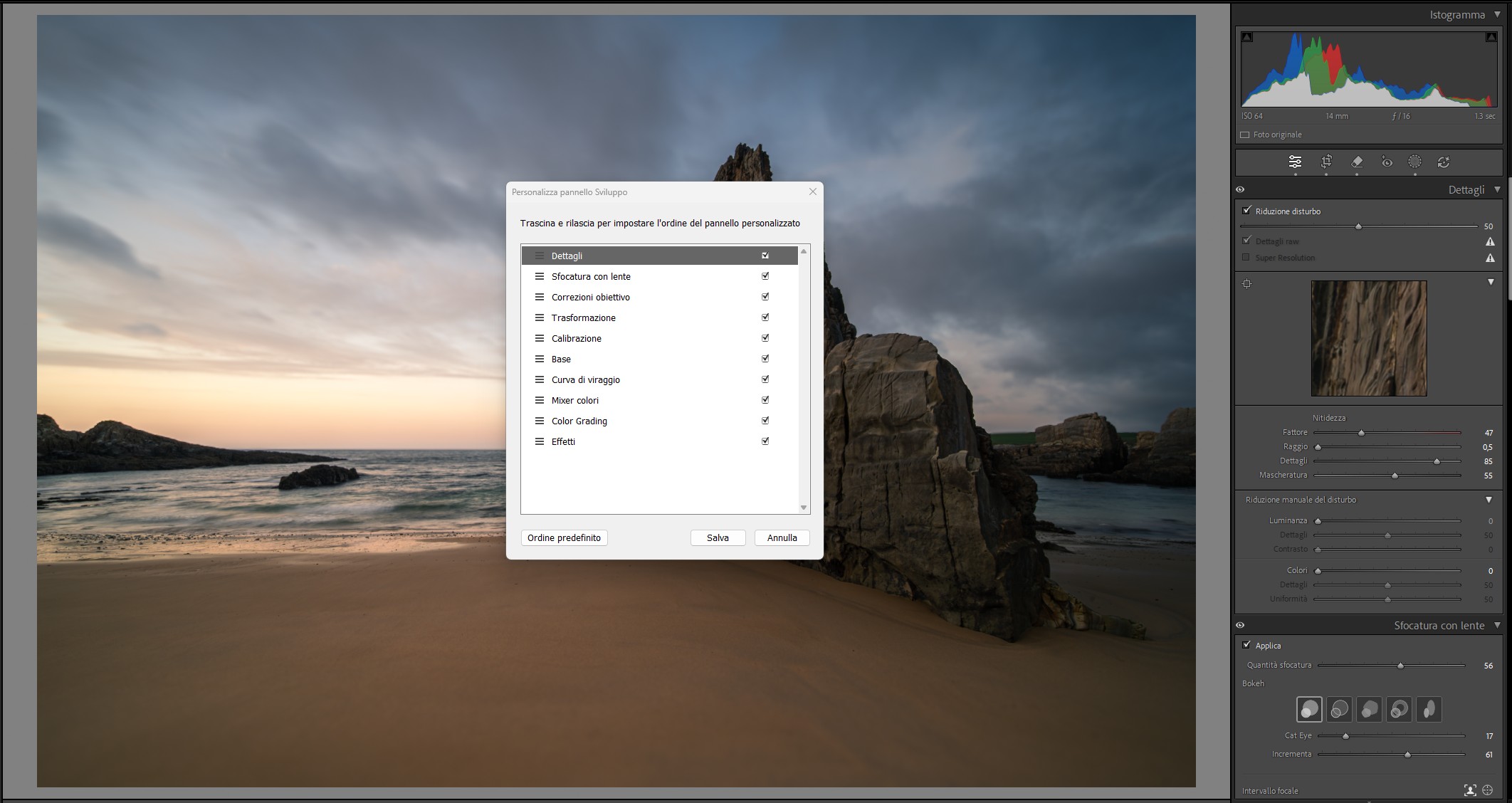 Ordine personalizzato strumenti di Lightroom