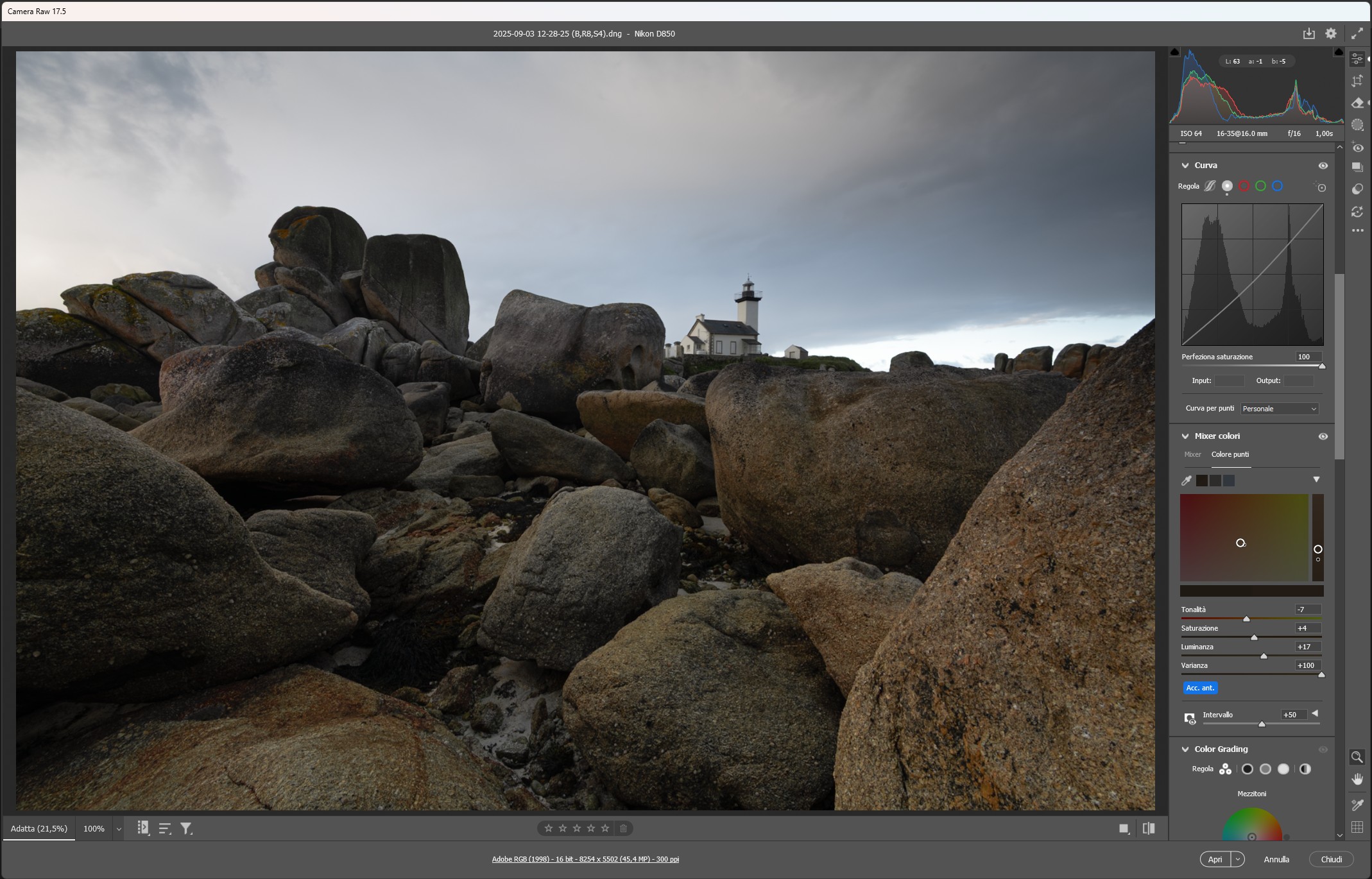 Varianza del colore per punti, Camera Raw