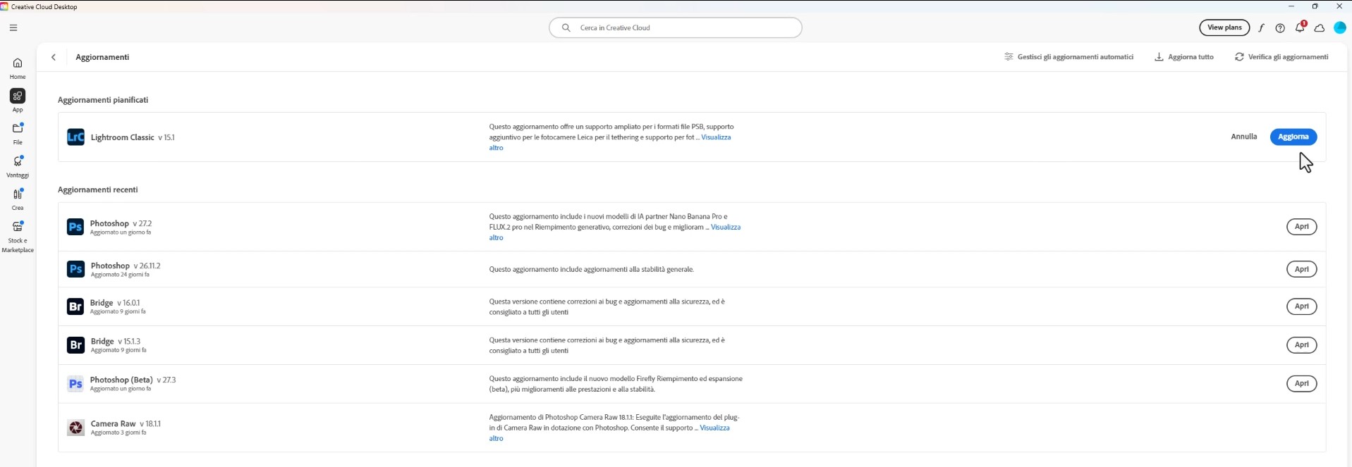 L'aggiornamento di Adobe Lightroom tramite Creative Cloud