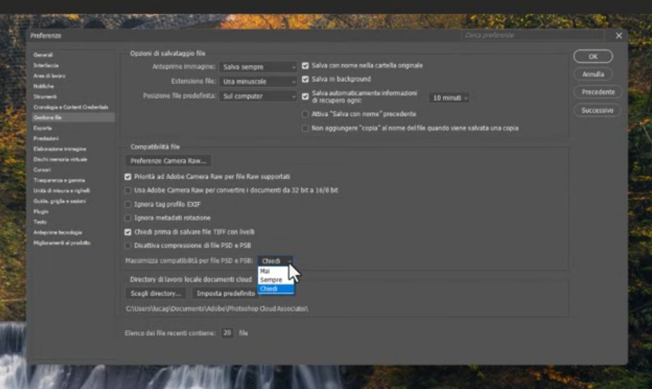 Le preferenze di Photoshop per la gestione dei file