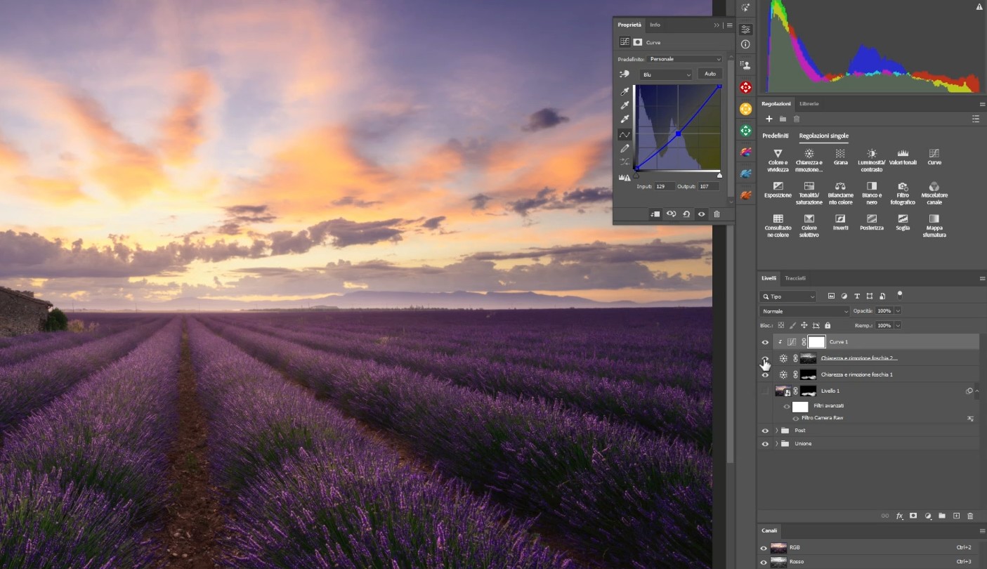 Utilizzare le curve del rosso e del blu per ottenere una luce calda