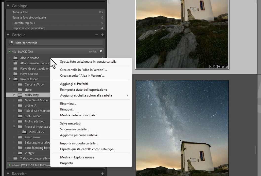 Il menù contestuale del pannello cartelle di Adobe Lightroom Classic