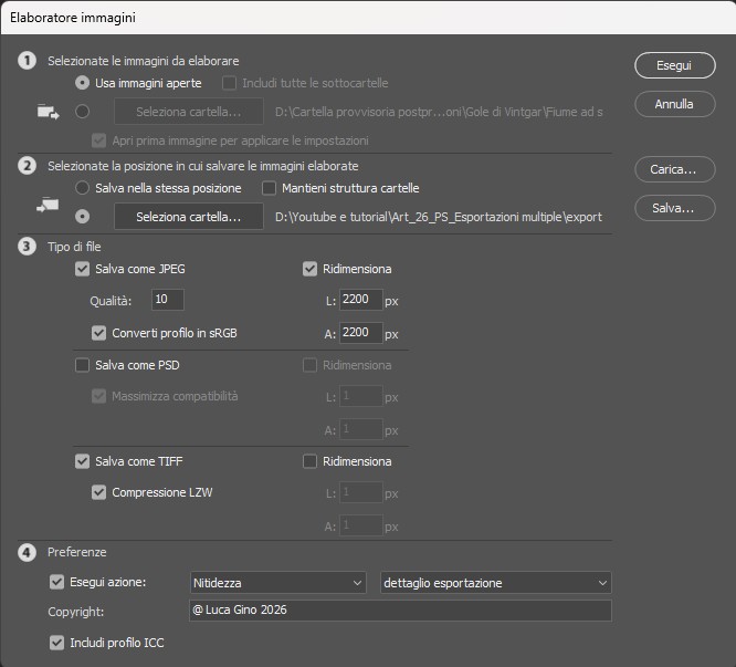 Il pannello delle opzioni dello script ELABORATORE IMMAGINI