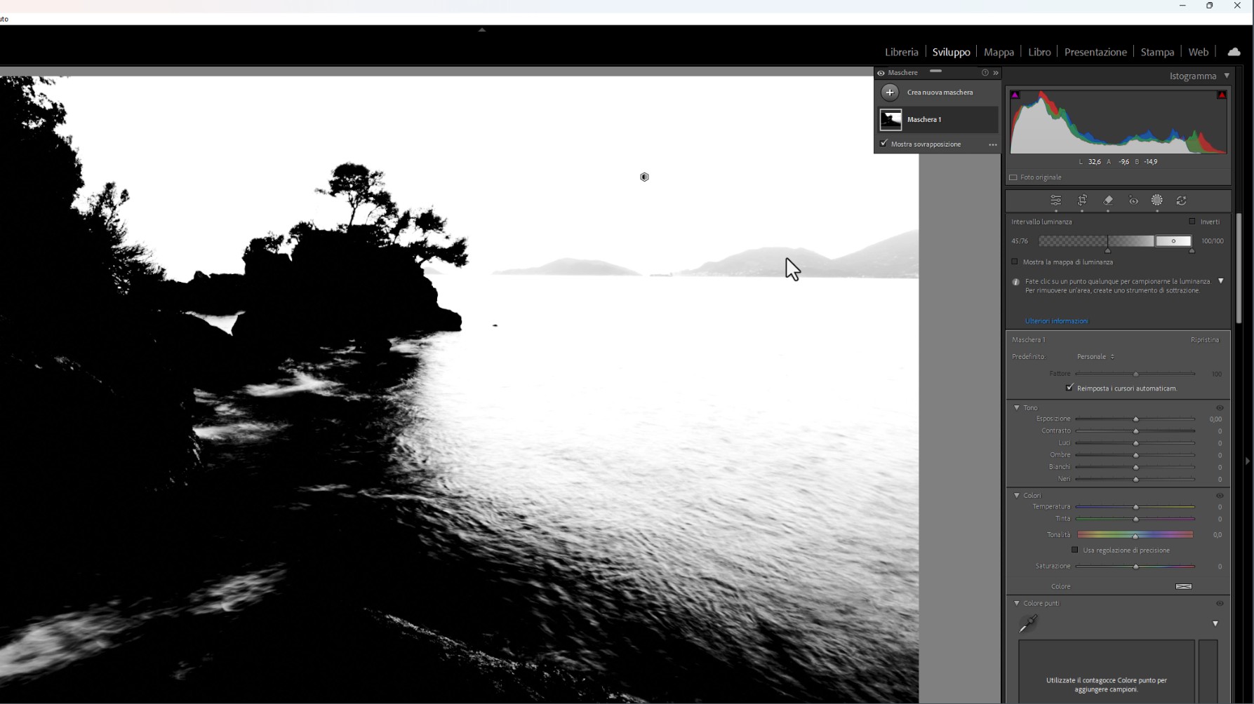 La maschera di Adobe Lightroom visualizzata in bianco e nero