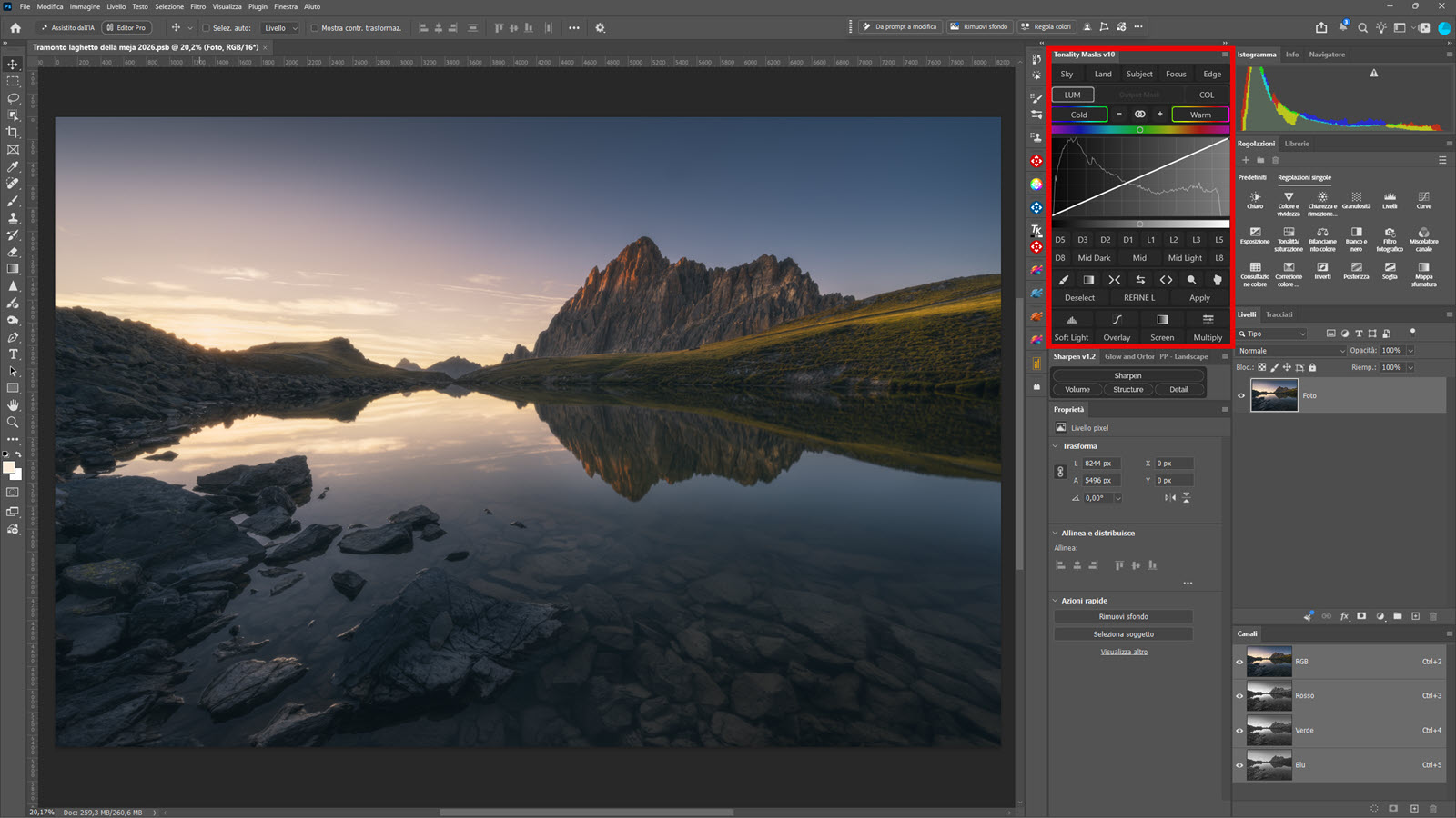 L'interfaccia del Tonality Masks V10 si adatta perfettamente alle colonne di Photoshop