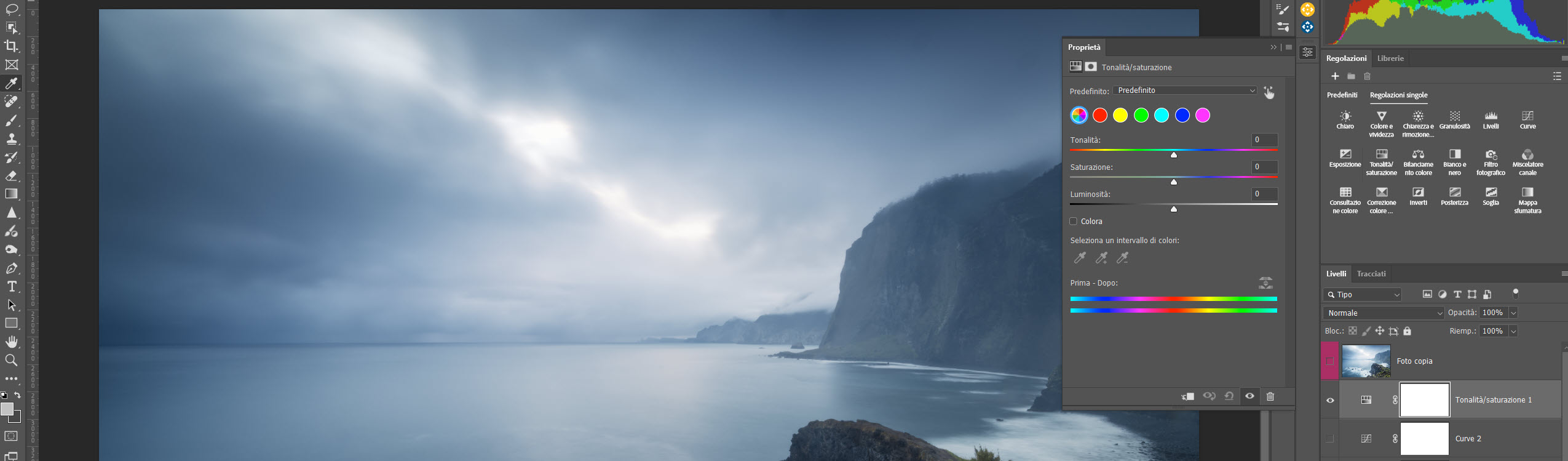 Il livello di regolazione tonalità e saturazione di Photoshop
